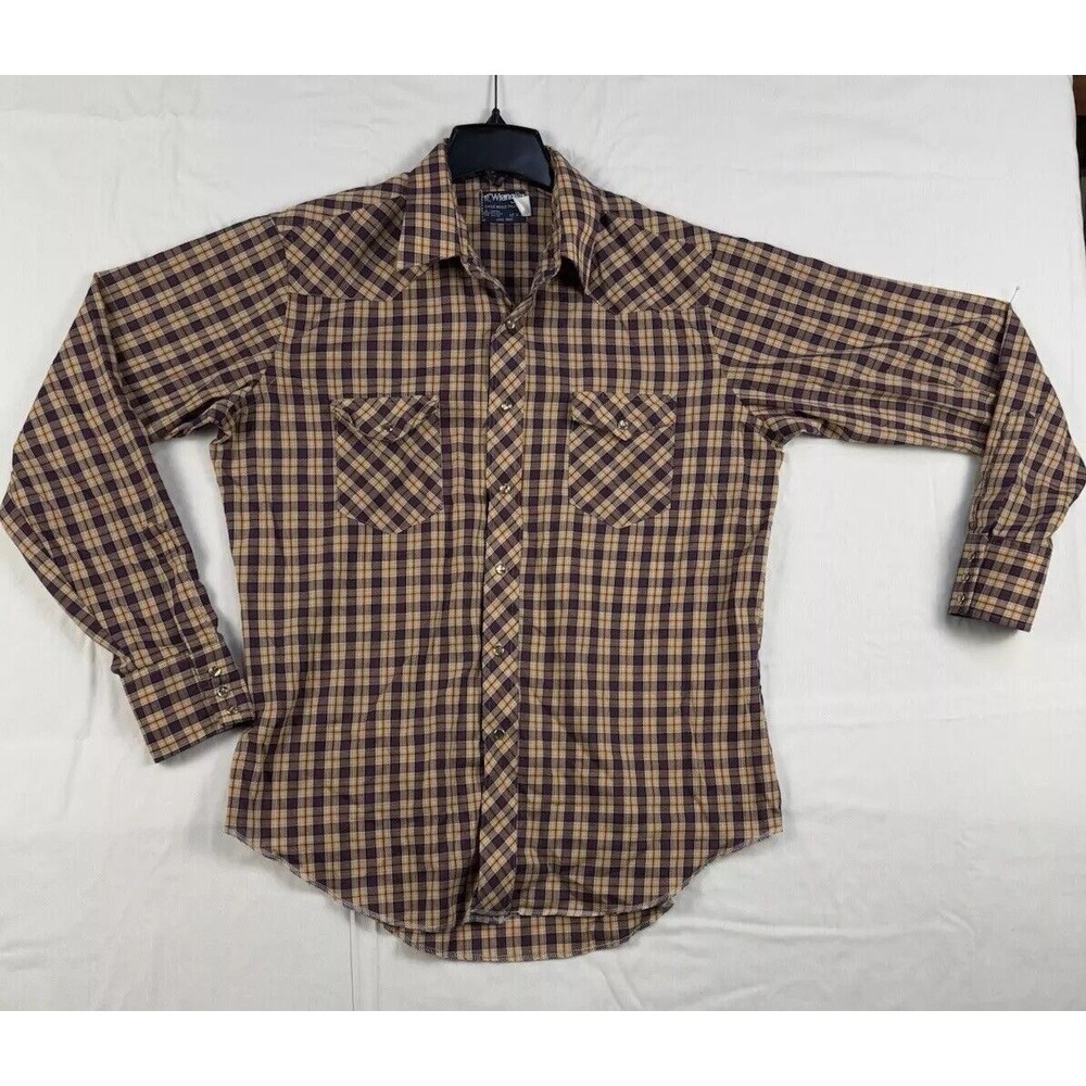 Wrangler Men's‎ Button Down Shirt Blue & Yellow Plaid, Long Tails 17 x 36